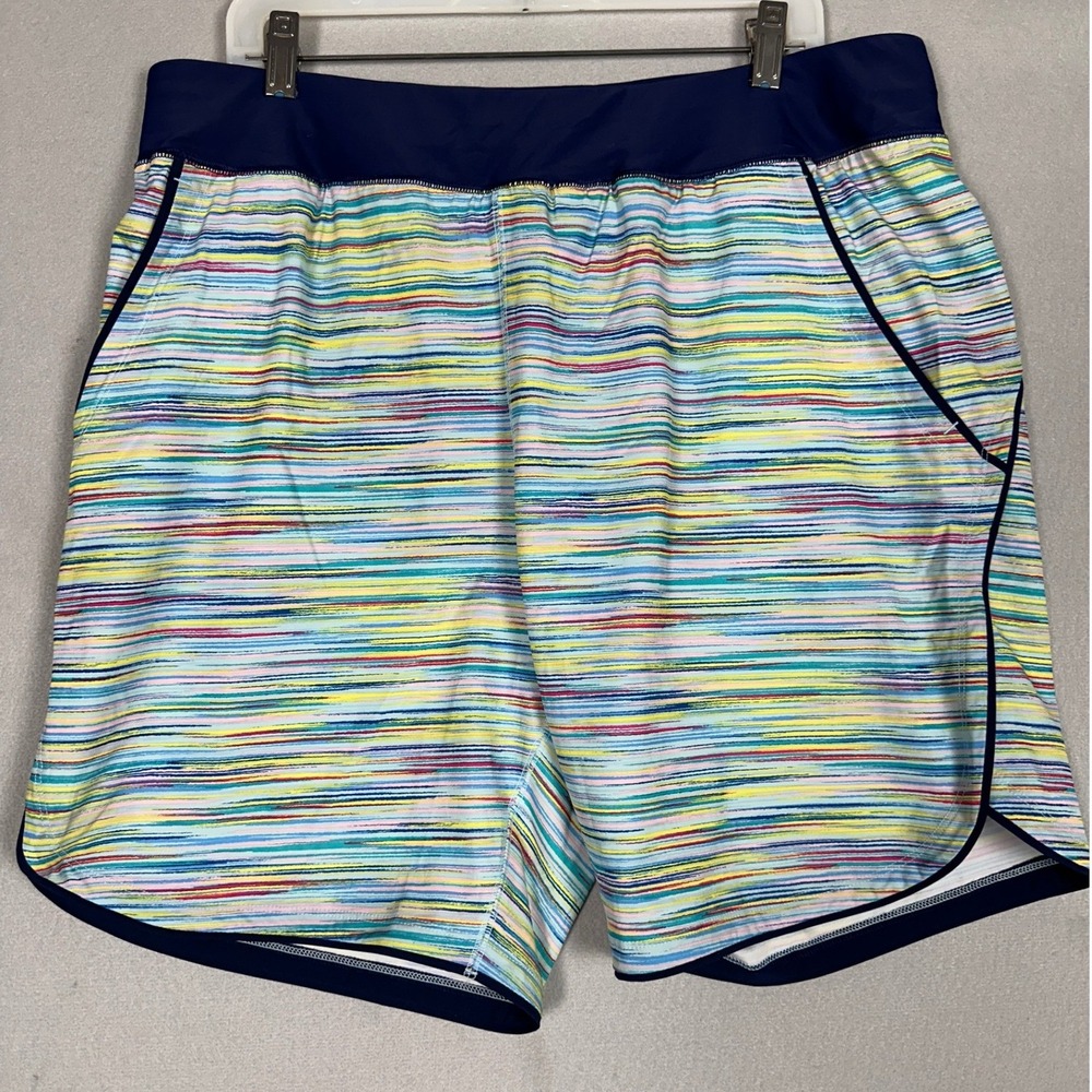Lands End Swim Shorts Women 16 Blue Multi Stripe Attached Brief Slimming Pockets